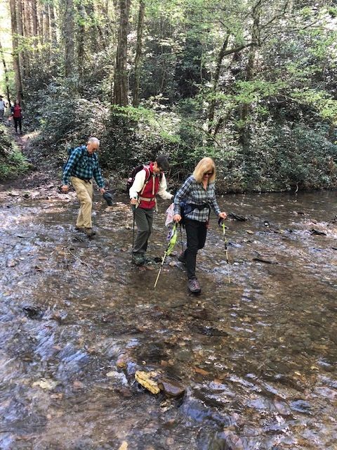 Hikers crossing shallow forest stream
