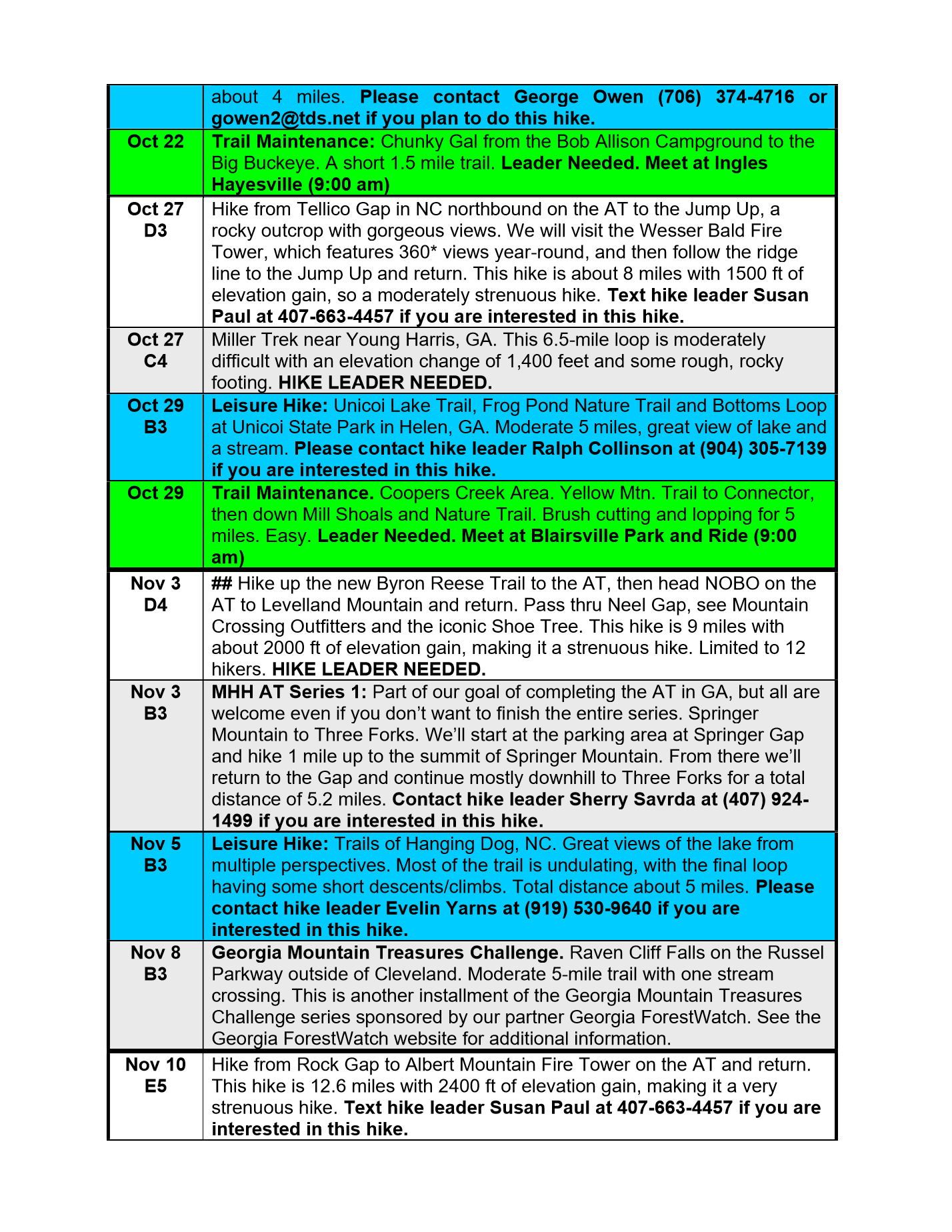 Mountain High Hikers Fall Q4 2026 schedule page 2