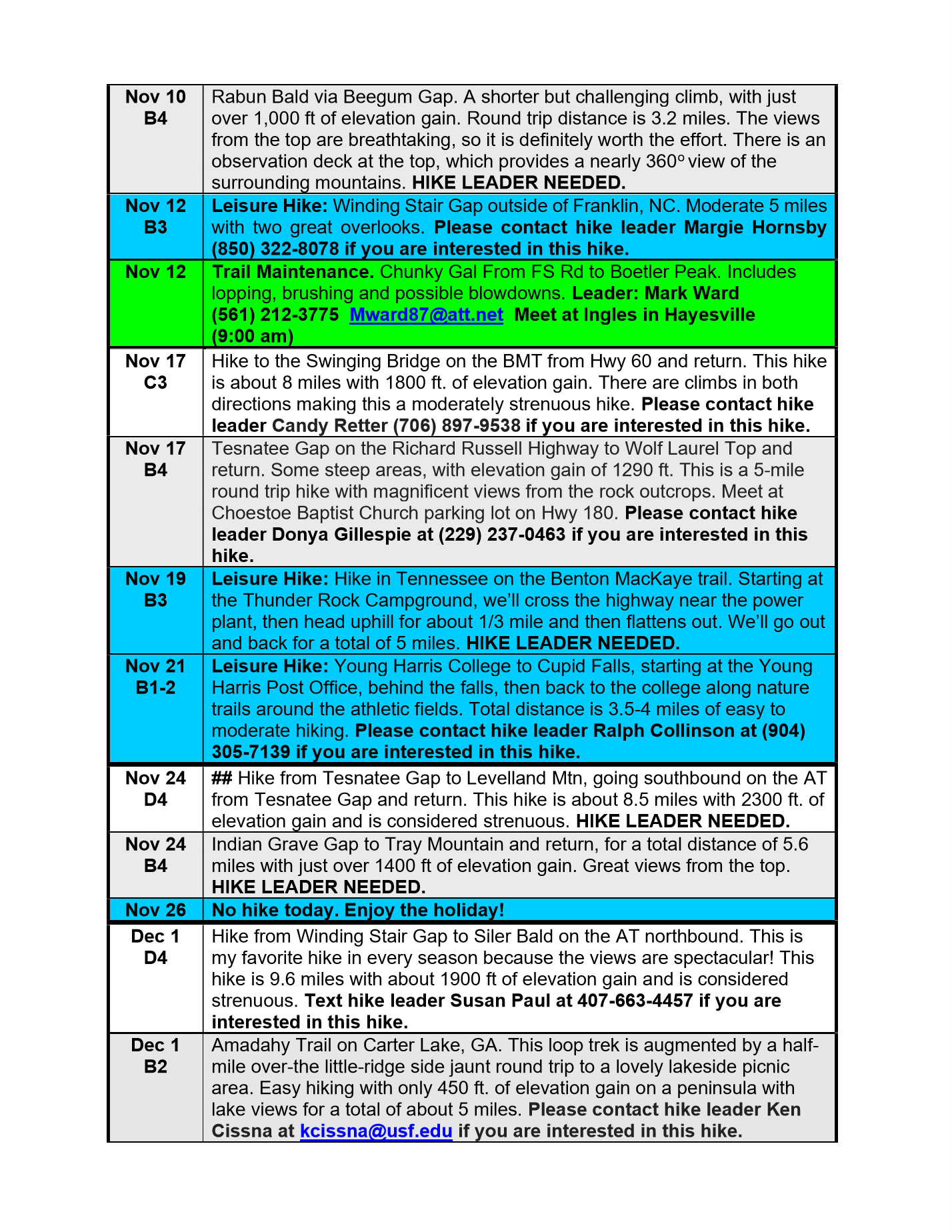 Mountain High Hikers Fall Q4 2026 schedule page 3