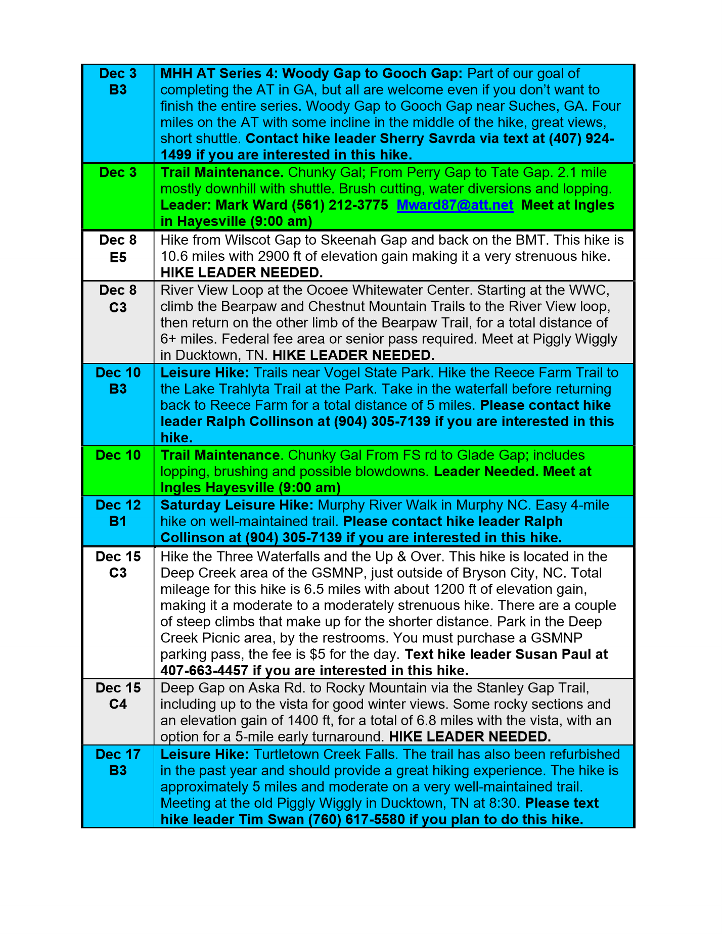 Mountain High Hikers Fall Q4 2026 schedule page 4